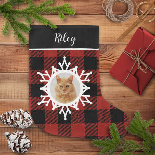 Snowy Buffalo Plaid Cat Christmas Stocking