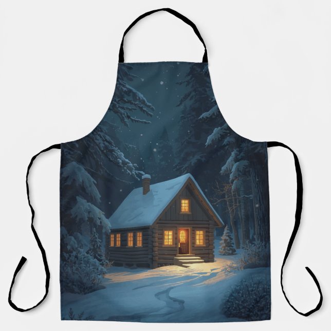 Snowy Cabin Night Apron  (Front)