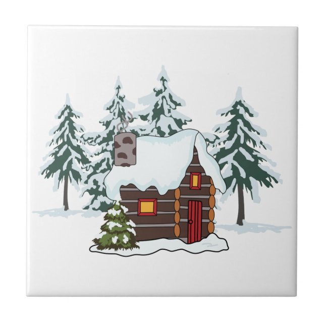 Snowy Cabin Scene Ceramic Tile (Front)