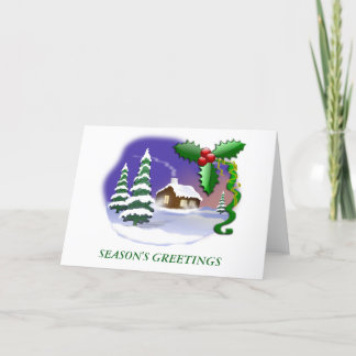 Snowy Cabin with Trees Holiday Card