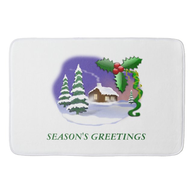 Snowy Cabin with Trees Large Bath Mat (Front)