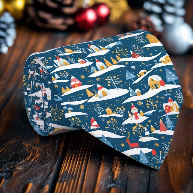 Snowy Cabins & Evergreen Trees Winter Necktie (Creator Uploaded)