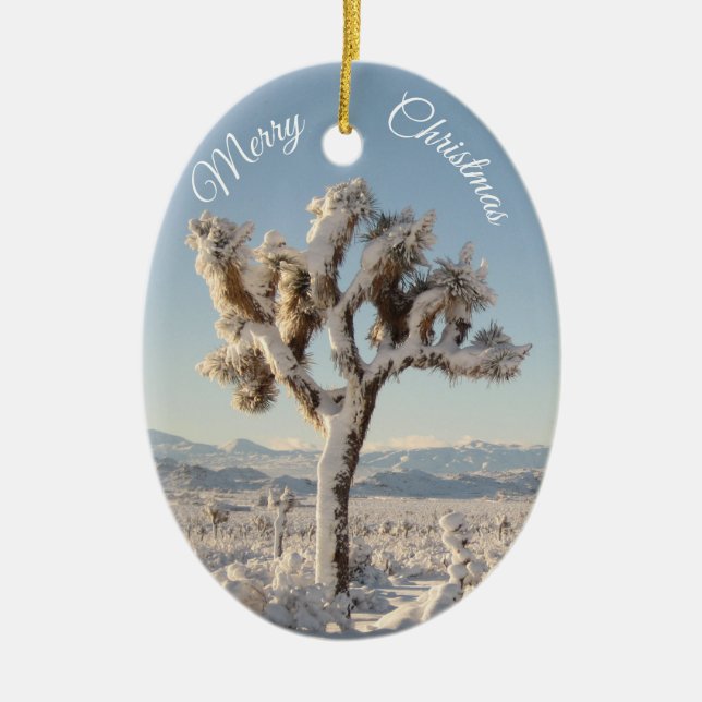 Snowy California Desert Christmas Ceramic Ornament (Front)