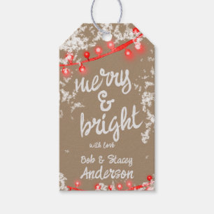 Snowy Calligraphy Merry & Bright Red Lights Kraft  Gift Tags
