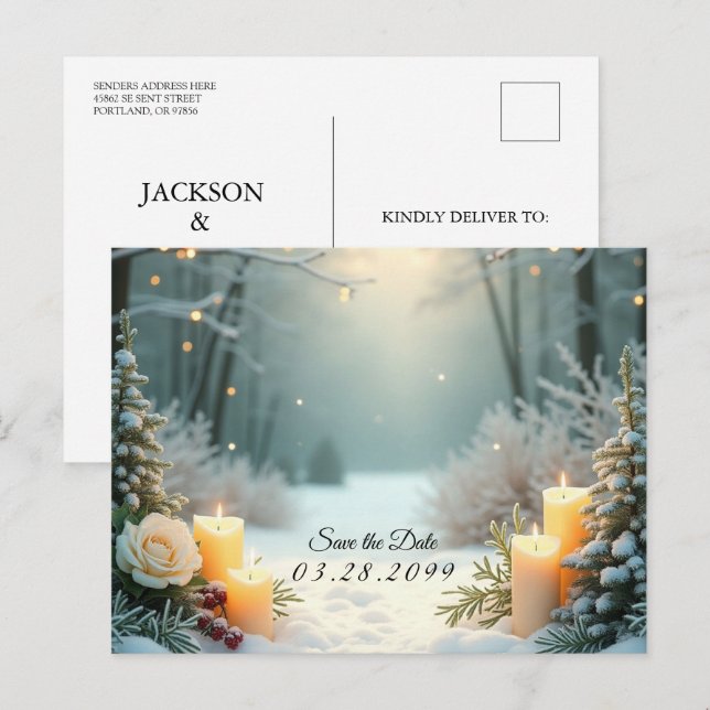 Snowy Candlelit Frosted Evergreens Holiday Postcard (Front/Back)