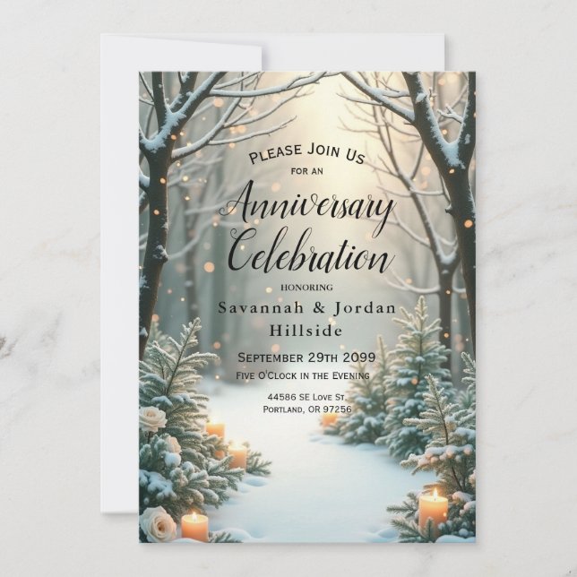 Snowy Candlelit Frosted Evergreens Invitation (Front)