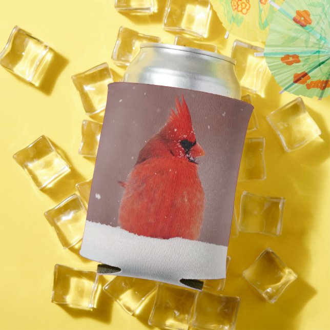 Snowy Cardinal Red Bird Cosy Can Cooler (In Situ Summer)