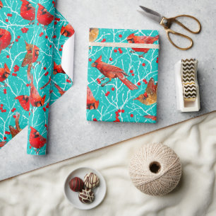 Snowy Cardinals Winterberries Christmas/Deep Cyan Wrapping Paper