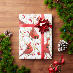 Snowy Cardinals + Winterberries Christmas White Wrapping Paper