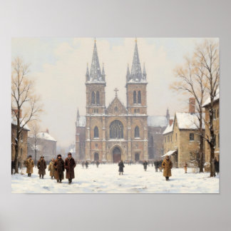 Snowy Cathedral Square Impressionist Oil Painting Poster