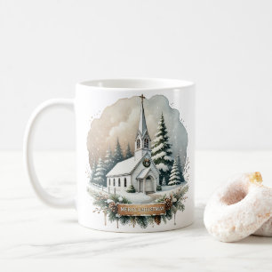 Snowy Chapel at Night   Glowing Christmas Scene Coffee Mug
