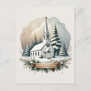 Snowy Chapel at Night   Glowing Christmas Scene Postcard