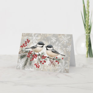 Snowy Chickadees on Evergreen with Berries Card