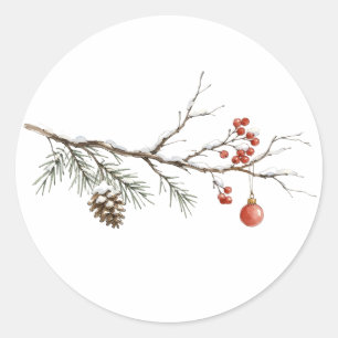 Snowy Christmas Branch with Ornament for Christmas Classic Round Sticker