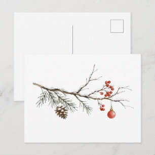 Snowy Christmas Branch with Ornament for Christmas Postcard