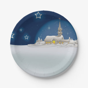 Snowy Christmas Church Starry Night Paper Plate