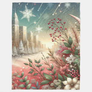 “Snowy Christmas Cityscape, Snow Covered Trees" Fleece Blanket
