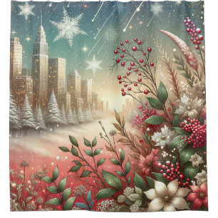 “Snowy Christmas Cityscape, Snow Covered Trees" Shower Curtain
