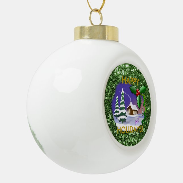Snowy Christmas Cottage Ceramic Ball Christmas Ornament (Left)