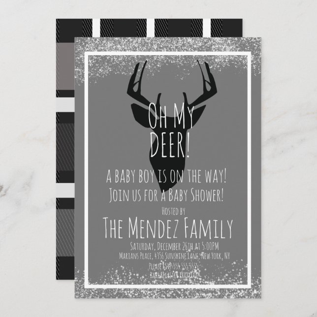 Snowy Christmas Deer Plaid Baby Shower Invitation (Front/Back)