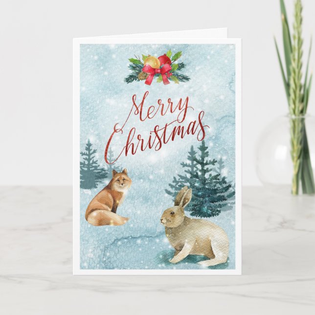 Snowy Christmas Fox and Rabbit Scenic Card (Front)