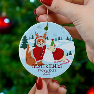 Snowy Christmas Friends – Cat and Rat Holiday Ceramic Ornament