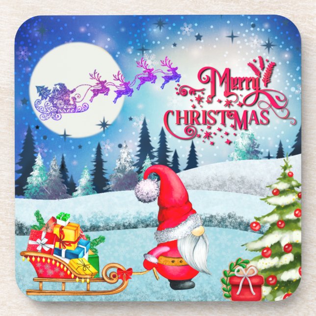 Snowy Christmas Gnome And Santa's Sleigh Gifts Coaster (Front)