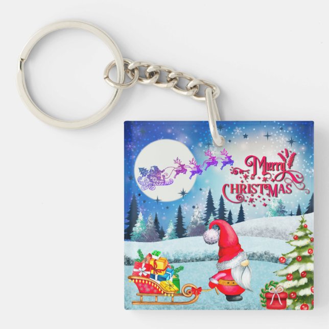 Snowy Christmas Gnome And Santa's Sleigh Gifts Key Ring (Front)