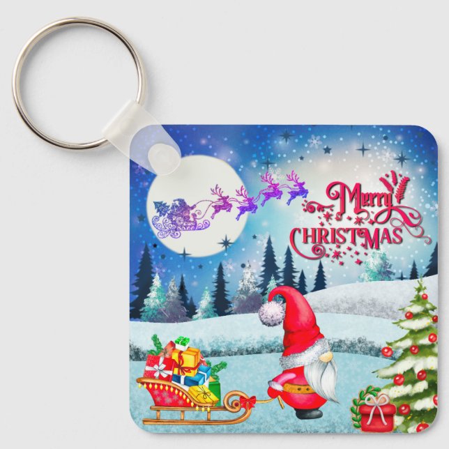 Snowy Christmas Gnome And Santa's Sleigh Gifts Key Ring (Front)