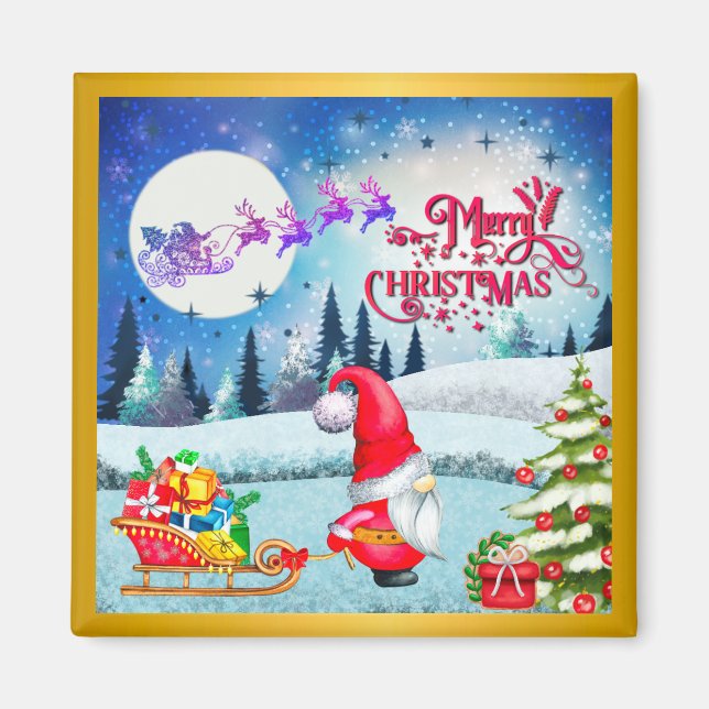 Snowy Christmas Gnome And Santa's Sleigh Gifts Magnet (Front)