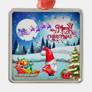 Snowy Christmas Gnome And Santa's Sleigh Gifts Metal Ornament