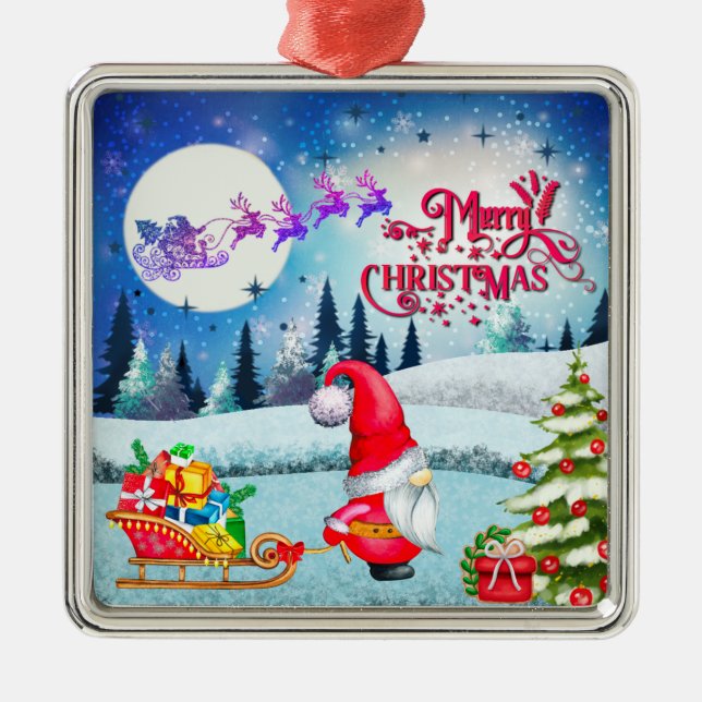 Snowy Christmas Gnome And Santa's Sleigh Gifts Metal Ornament (Front)