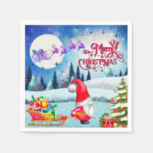 Snowy Christmas Gnome And Santa's Sleigh Gifts Napkin