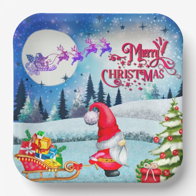 Snowy Christmas Gnome And Santa's Sleigh Gifts Paper Plate (Front)