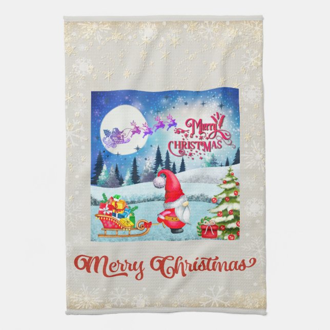 Snowy Christmas Gnome And Santa's Sleigh Gifts Tea Towel (Vertical)