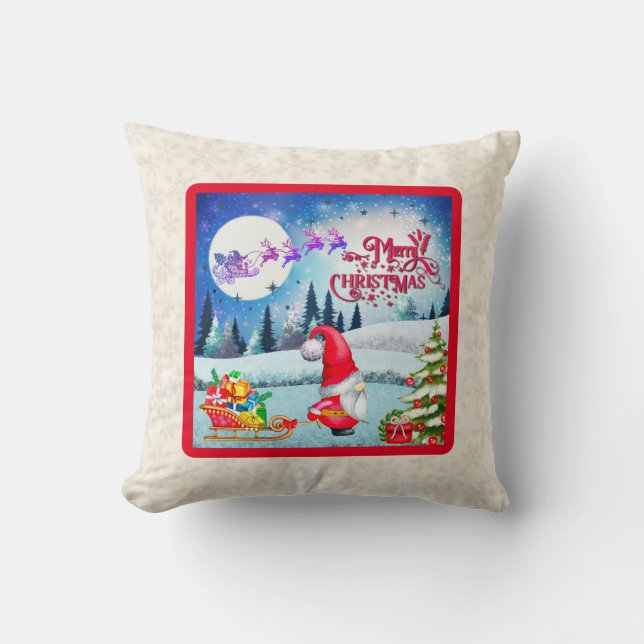 Snowy Christmas Gnome And Santa's Sleigh Gifts Thr Cushion (Front)