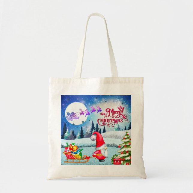 Snowy Christmas Gnome And Santa's Sleigh Gifts Tote Bag (Front)