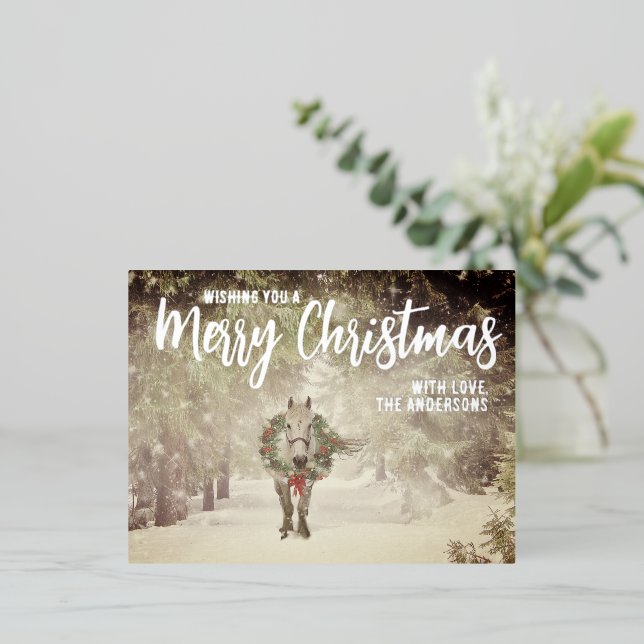 Snowy Christmas Horse with Wreath Foil Holiday Postcard (Standing Front)