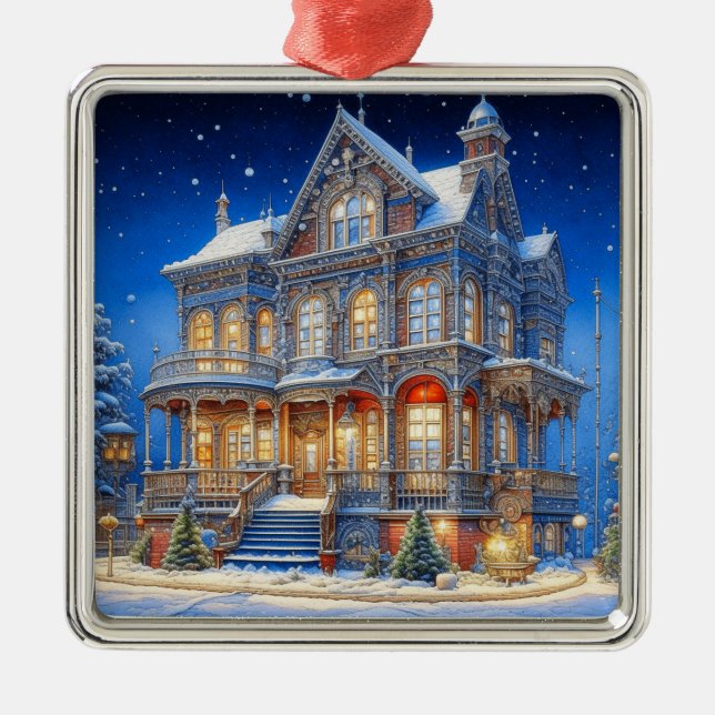 Snowy Christmas House Metal Ornament (Front)