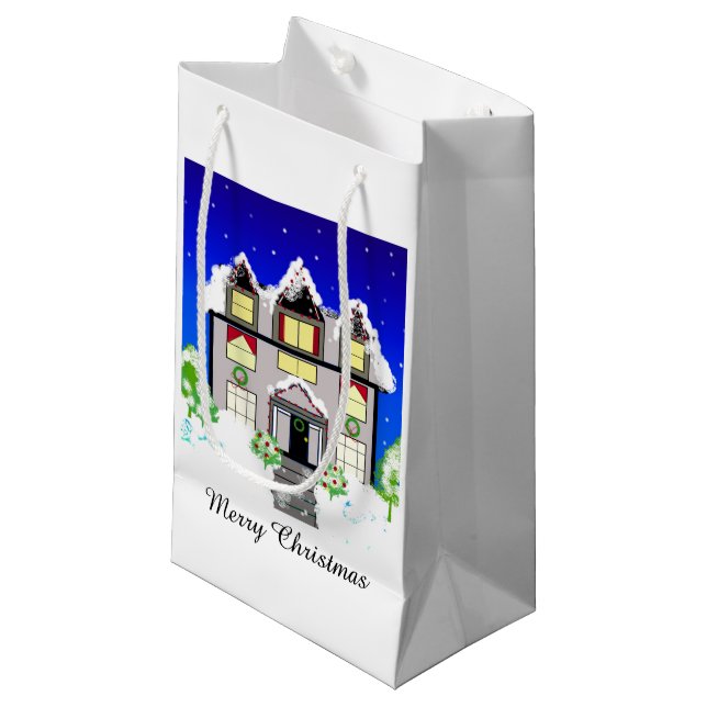 Snowy Christmas House Small Gift Bag (Front Angled)