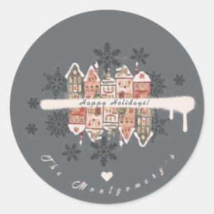 Snowy Christmas Houses Snowflakes Grey Classic Round Sticker