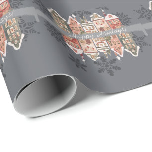 Snowy Christmas Houses Snowflakes Grey Wrapping Paper
