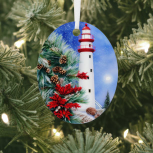 Snowy Christmas lighthouse  Metal Tree Decoration