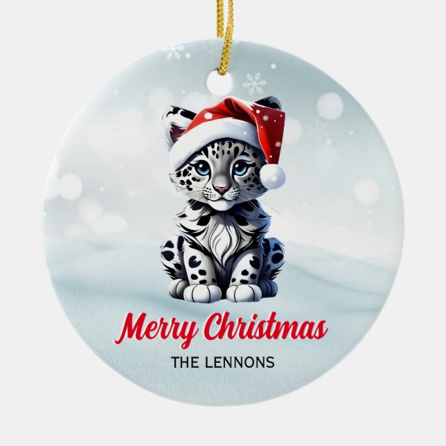 Snowy Christmas Santa Cute Snow Leopard Cub  Ceramic Ornament (Front)