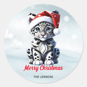 Snowy Christmas Santa Cute Snow Leopard Cub Classic Round Sticker
