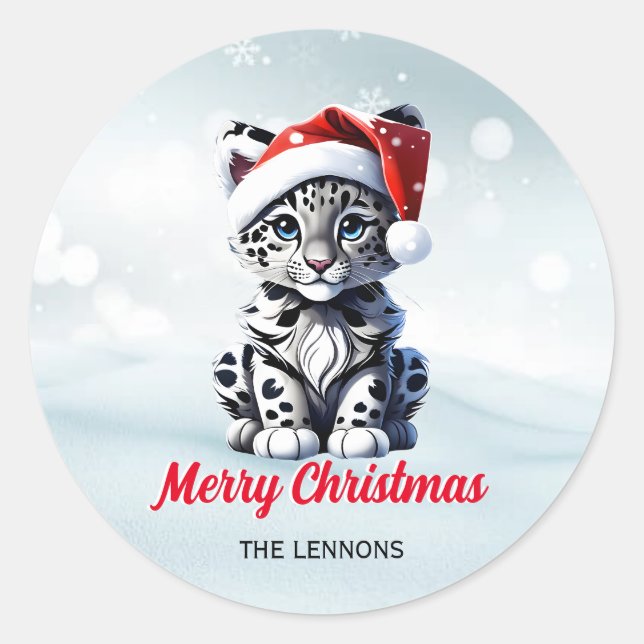 Snowy Christmas Santa Cute Snow Leopard Cub  Classic Round Sticker (Front)