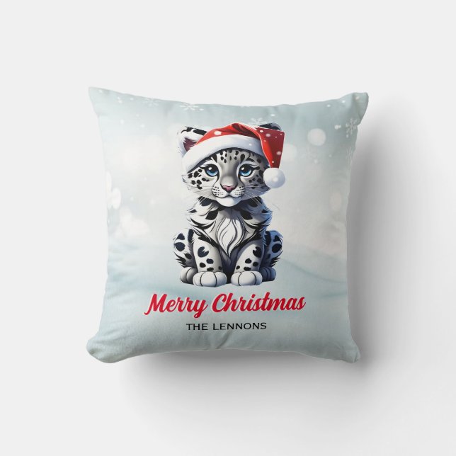 Snowy Christmas Santa Cute Snow Leopard Cub  Cushion (Front)
