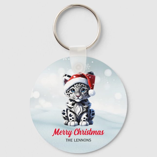 Snowy Christmas Santa Cute Snow Leopard Cub  Key Ring (Front)