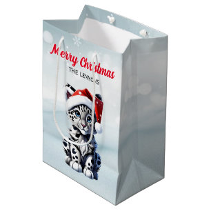 Snowy Christmas Santa Cute Snow Leopard Cub  Medium Gift Bag