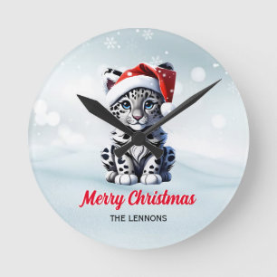 Snowy Christmas Santa Cute Snow Leopard Cub  Round Clock